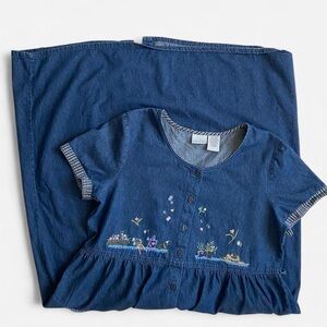 Vintage dark blue denim floral gardening dress